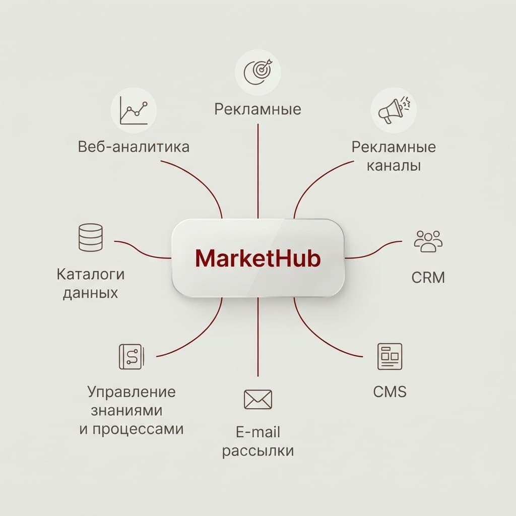 MarketHub объединяет данные из веб-аналитики, рекламных каналов, CRM, CMS, email-рассылок, управления знаниями и процессами и каталогов данных